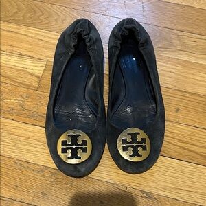 Tory Burch Navy Suede Flats with Gold Emblem